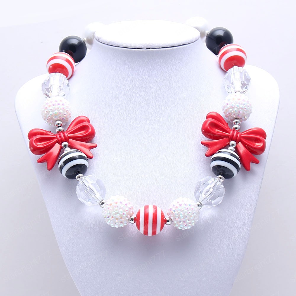 Fashion Red Bowknot Girls Chunky Beads Necklace Baby Child Bubblegum Chunky Necklace Cute Design Beaded Jewelry