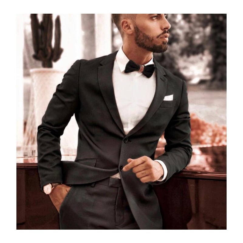 Black Wedding Suits Custom MadeTwo Button Groom Tuxedos Notched Lapel Business Suit Bridegroom (Jacket+Pants+Bow)