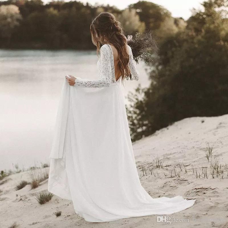 Cheap Country Beach Wedding Dresses 2019 V Neck Full Sleeve Chiffon Low Back Bohemian Bridal Gowns Slim casual Bride Vestidos De Novia