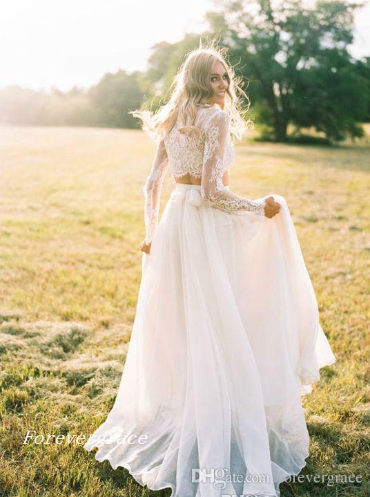 2019 Romantic Two Pieces Bohemian Wedding Dress Elegant Chiffon Long Sleeves Lace Summer Beach Bridal Gown Plus Size Custom Made