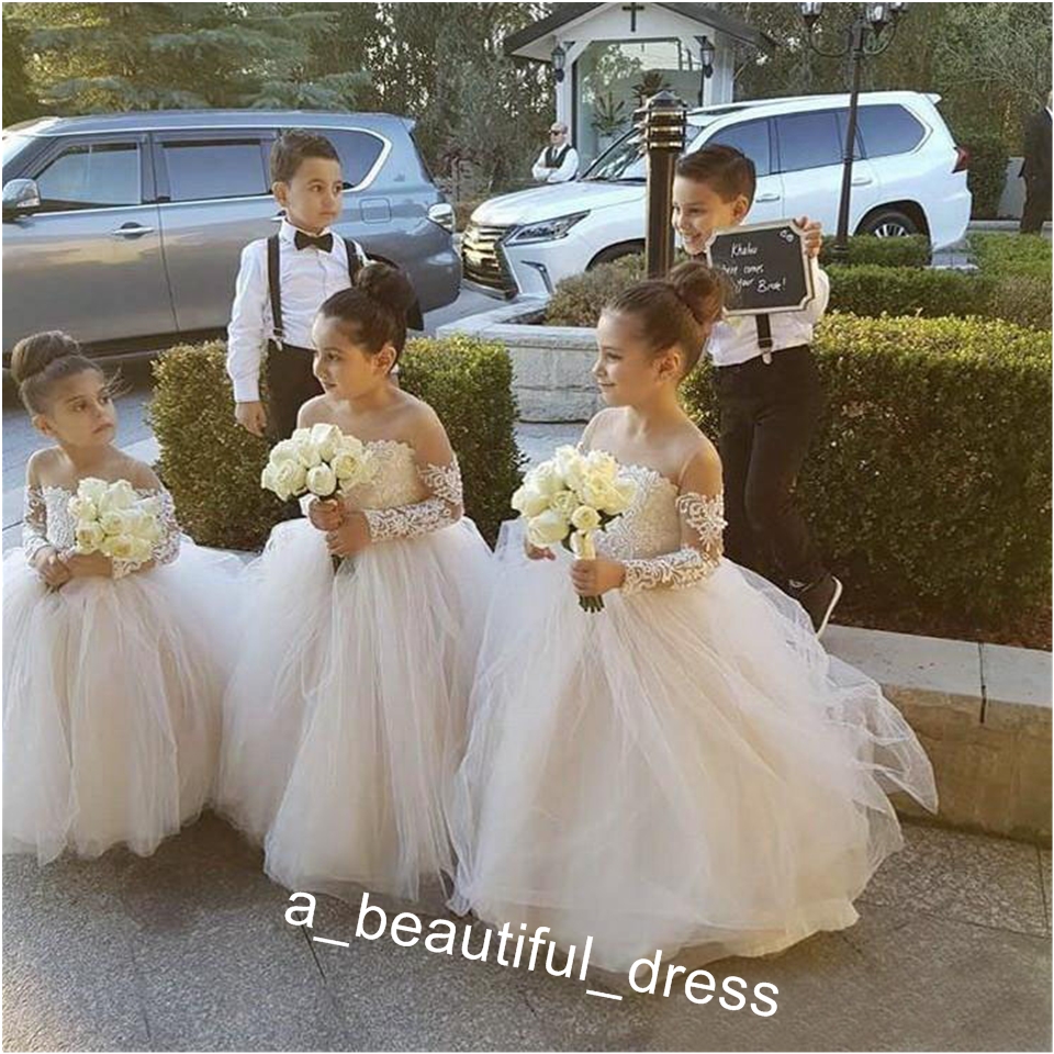 Lace Flower Girl Dresses for Weddings Jewel Neckline Long Sleeves Custom Made Girls Pageant Gowns A-line Kid Birthday Party Dress FG1251