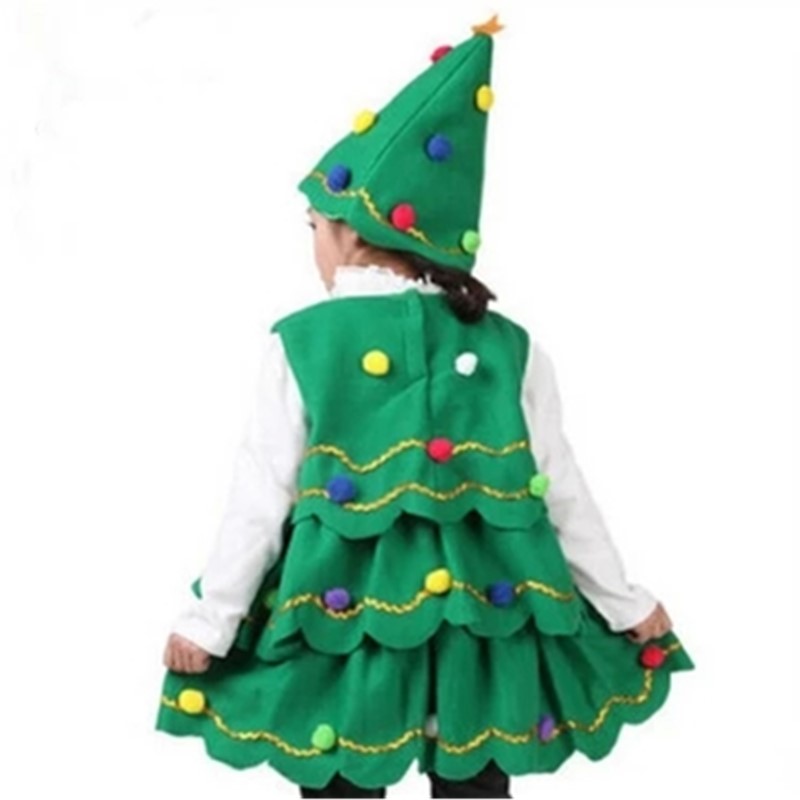 Children Christmas Tree Costume with Hat Set Tiered Wave Hem A-line Ruffle Mini Dress with Balls Teenage Kid Unisex Cosplay Outfit Plus Size