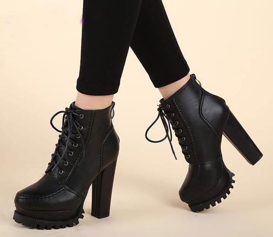 Fashion Women Gothic Boots Lace Up Ankle Boots Platform Punk Shoes Ultra Very High Heel Bootie Block Chunky Heel size 3439
