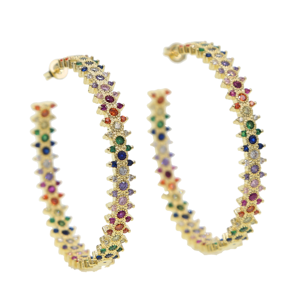 luxury Gold plated Big Hoop earring for women gorgeous luxury girlfriend gift full rainbow cz Classic Hoops jewelry