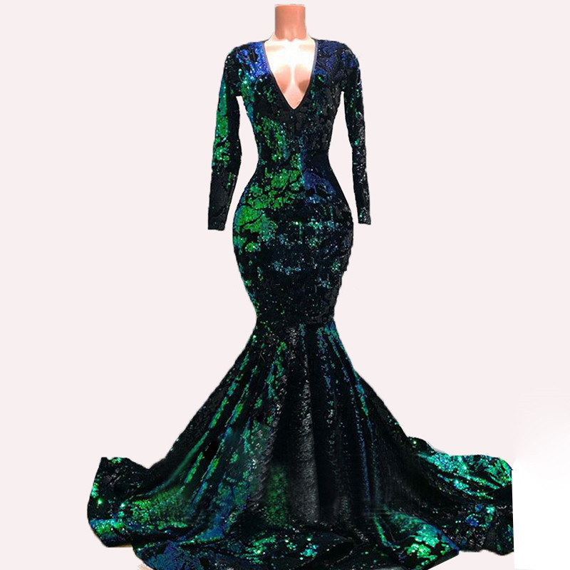 Emerald Green Velvet Mermaid Evening Formal Dresses with Long Sleeve 2020 Sparkly Luxury Sequins Winter Party Occasion Prom Gown
