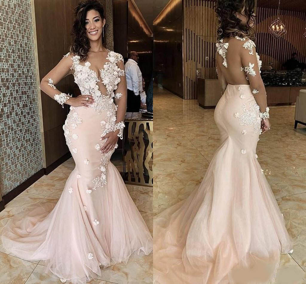 Champagne Mermaid Wedding Dresses with Long Sleeves Sheer Back Lace Flowers Long Bridal Gowns Tulle Vestidos De Novia 2020