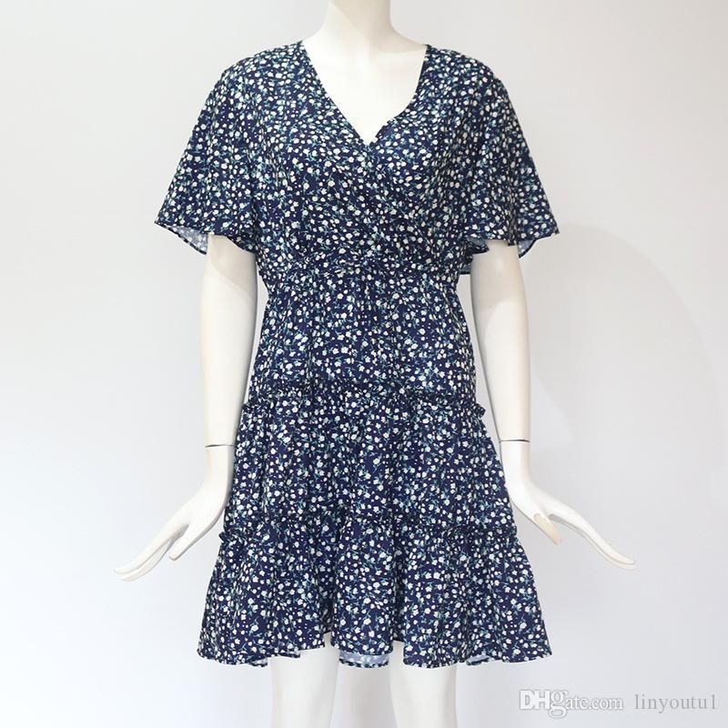 2020 Summer Beach Dress Boho Style Women Floral Print Chiffon Dress Sexy V-neck Short Sleeve A-line Mini Party Dress
