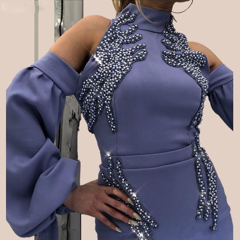 2019 African Mermaid Evening Dresses With High Neck Poet Long Sleeve Beads Sequins Side Split Prom Dress Sexy Long Satin Party Gowns