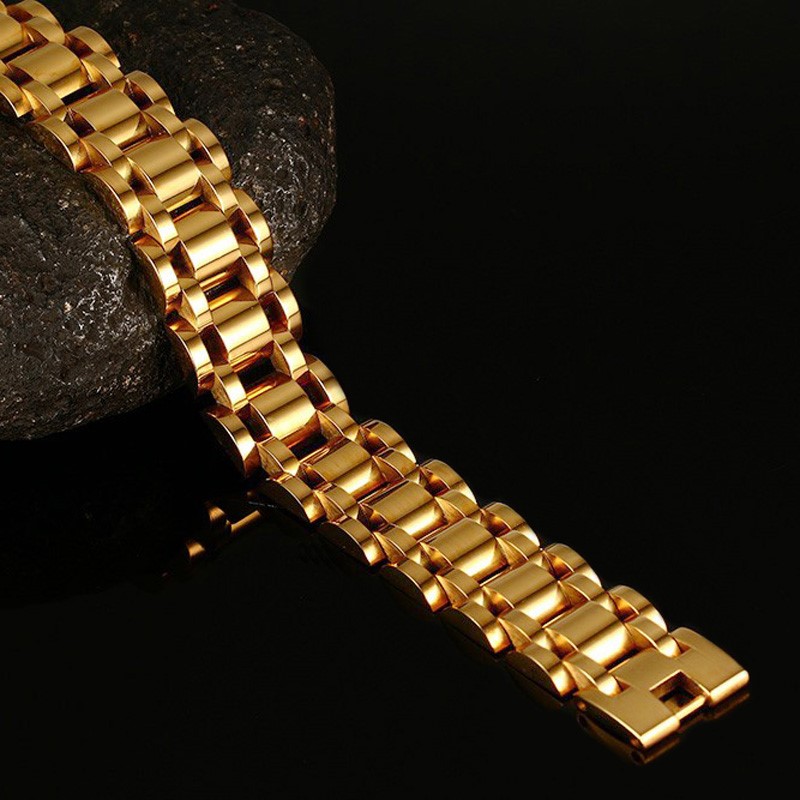 17mm Wide Gold-color Stainless Steel Watch Band Bracelet For Men Jewelry Matte Finished Strap Chain Bracelet & Bangle BR-345