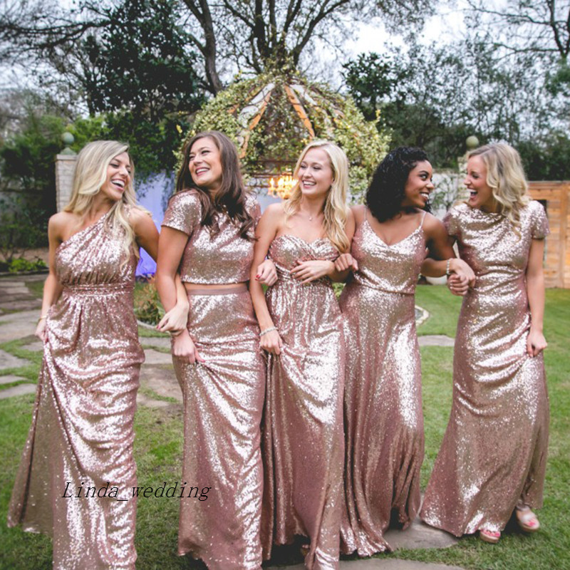 New Arrival Vintage Long Rose Gold Bridesmaid Dress Cheap Western Sequin Sparkly Ruffled Maid of Honor Gown Plus Size Custom Made