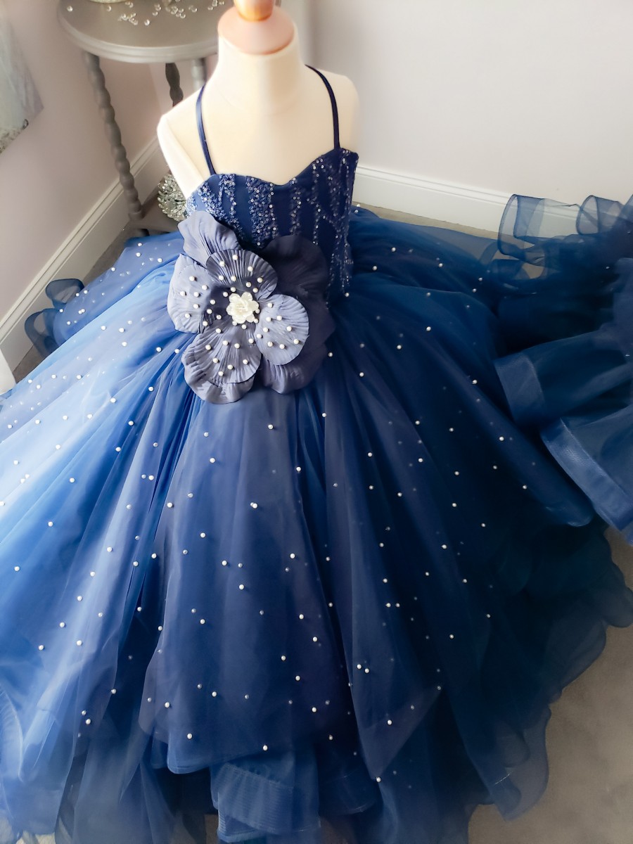 Dark Blue Pearls Little Girls Pageant Dresses Appliqued Ball Gown Flower Girl Dress For Wedding Tulle Tiered First Communion Gowns 407