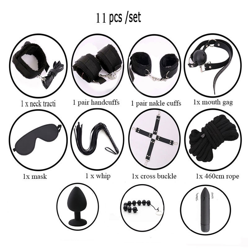 11 Pcs Sex Toys for Woman Adult Games Handcuffs Whip Mouth Gag Rope Silicone Butt Plug Bdsm Bondage Set Bead Anal Plug Vibrators Y200422