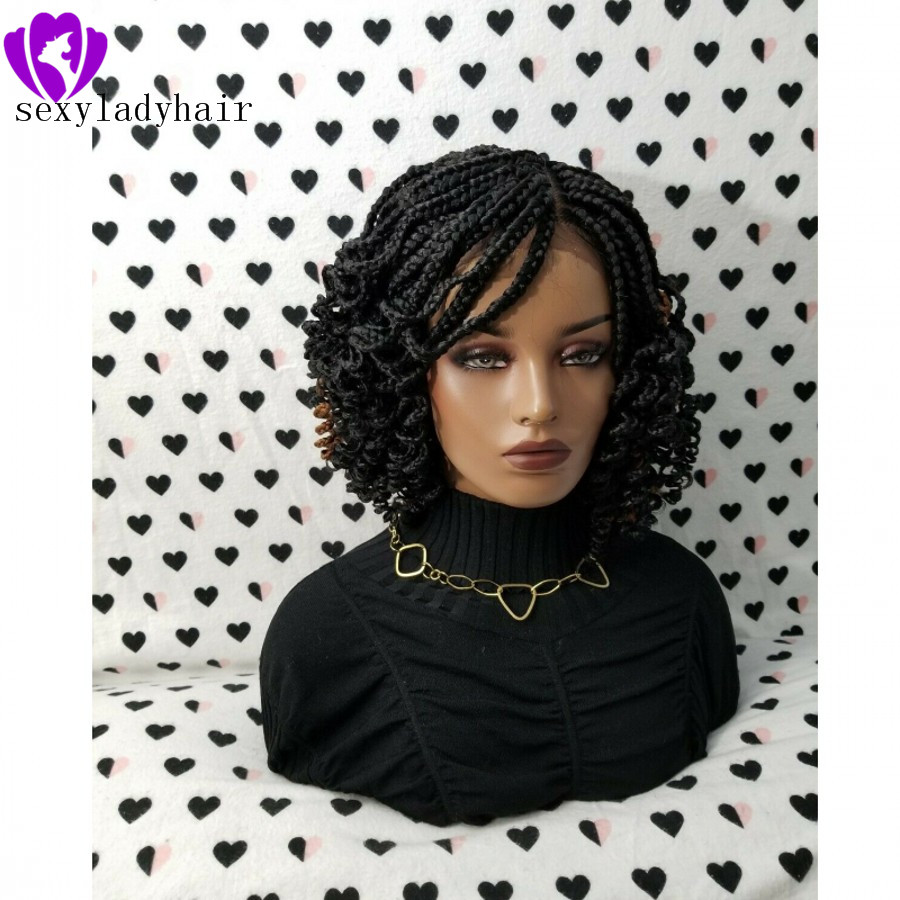 Africa american women braids style handmade full Box Braid wig black /brown/ombre color short Braided Lace Front Wig With Curly Ends