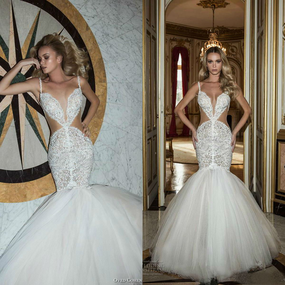 2019 Oved Cohen Wedding Dresses Cutaway Sides Sexy Spaghetti Lace Sequined Mermaid Wedding Dress Tulle Bridal Gowns Custom Made