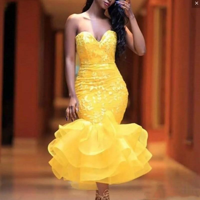 Mermaid Tea Length Lace Yellow Prom Dress 2022 Short Special Occasion Evening Gowns Sweet 16 Dresses