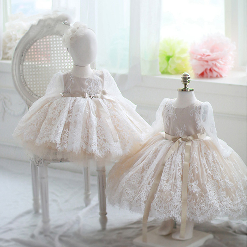 vintage lace Ball Gown Girls Pageant Dresses Long Sleeves Toddler Flower Girl Dress Floor Length 3D Appliques First holy Communion Gowns