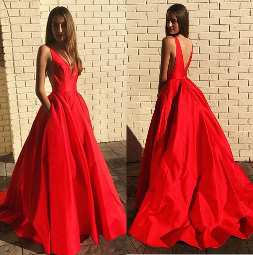

2020 New Sexy Red Illusion V-neck Satin A Line Formal Prom Dresses Backless Floor Length Party Evening Gowns with Pockets robes de soirée, Hunter