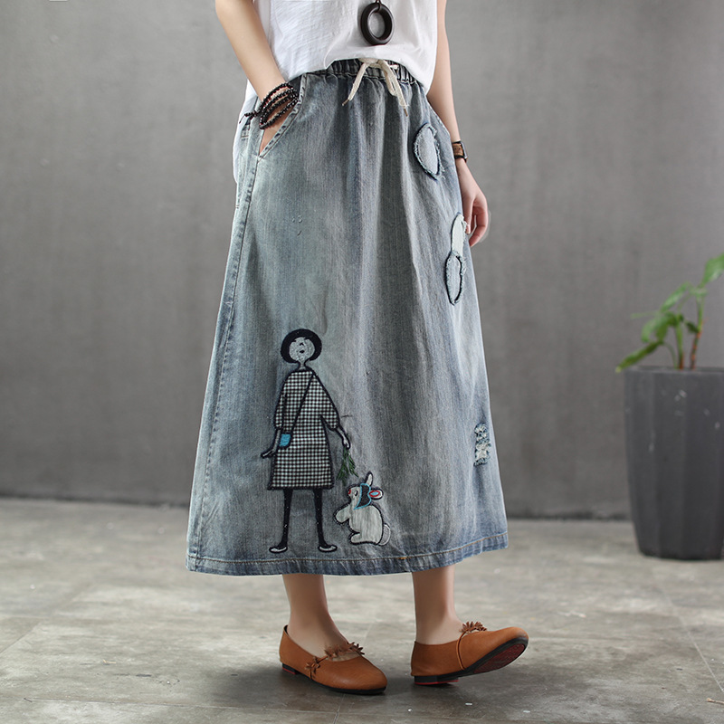Ethnic style retro print little girl rabbit denim skirt female patch elastic waist skirt MX200327