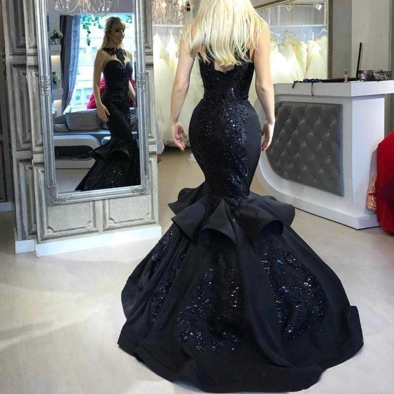 Plus Size Mermaid Prom Dresses 2019 Sheer Neck Black Lace Applique Sequins Formal Evening Gowns Ruffles Beaded Sweep Train Celebrity Dress