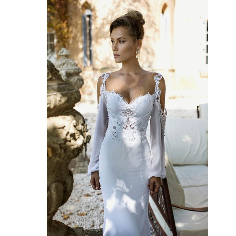 2020 Simple Mermaid Wedding Dresses Off Shoulder Long Sleeve Beads Appliques Satin Wedding Dresses Sweep Train Vestidos De Novia