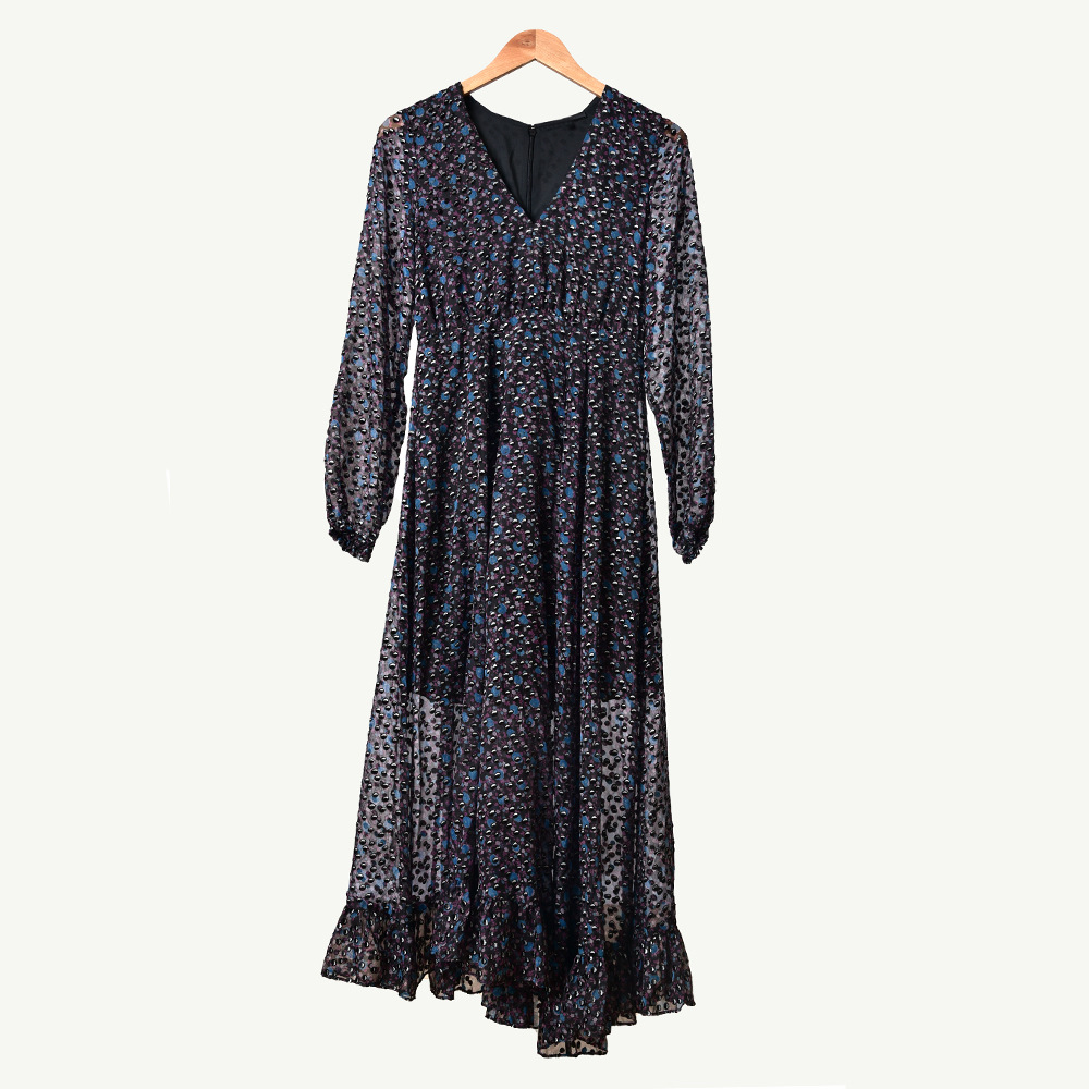 2020 Spring Summer Long Sleeve V Neck Multicolor Polka Dot Print Asymmetry Mid-Calf Dress Women Fashion Dresses W1815116