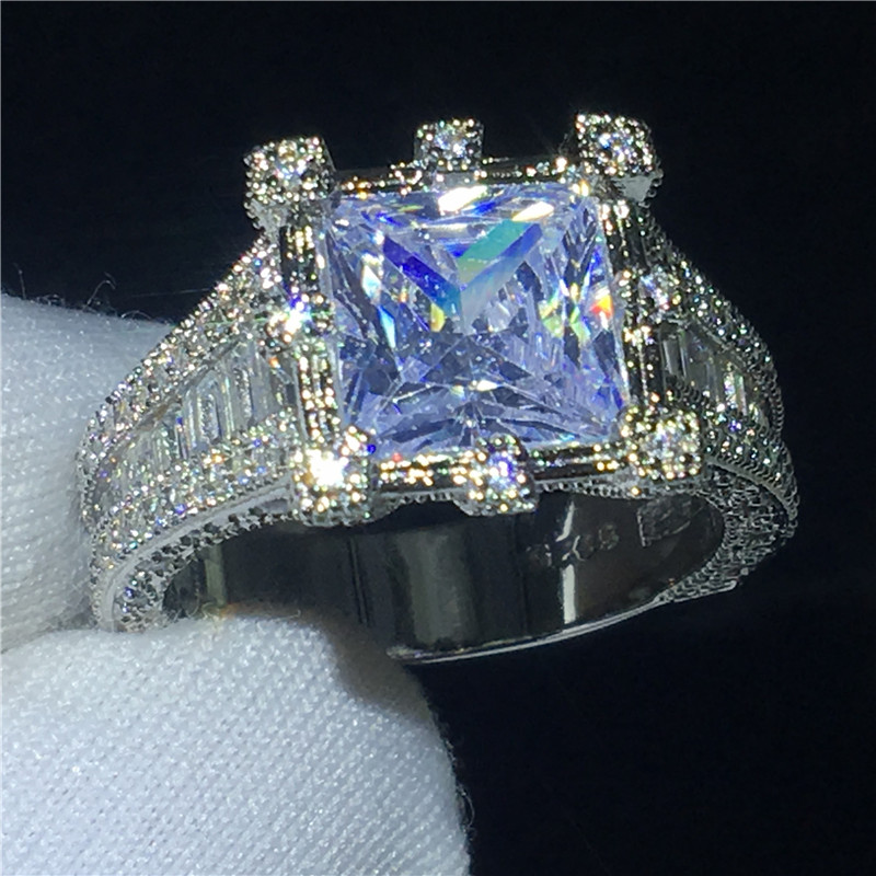 Vintage Court Jewelry 925 Sterling silver ring Princess cut Diamond Engagement wedding band rings for women Men Gift