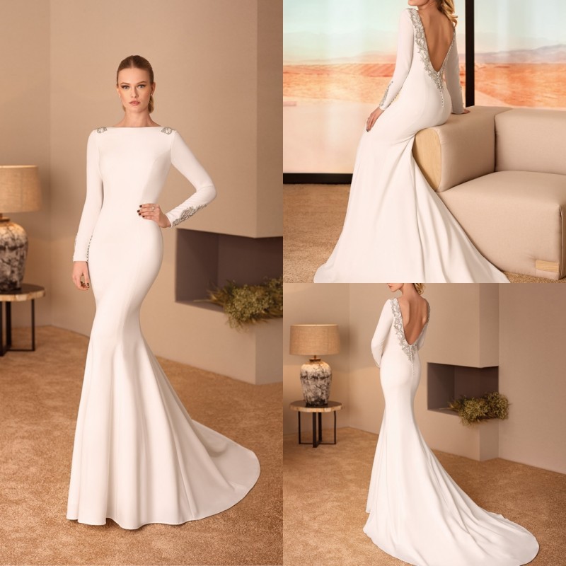 Cabotine 2019 Satin Wedding Dresses Bateau Neck Long Sleeve Mermaid Bridal Gowns Sexy Backless Sweep Train Vestidos Wedding Dress