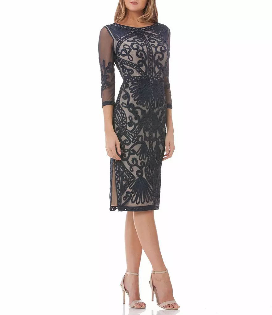 Elegant Knee Length Mother Of The Bride Dresses Jewel Neck 3/4 Long Sleeve Lace Appliqued Wedding Guest Dress