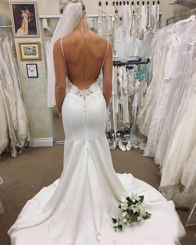 Spaghetti Straps 2020 Satin Mermaid Wedding Dresses Open Back Sexy Long Bridal Gowns Lace Appliques Sweep Train Vestidos De Novia .