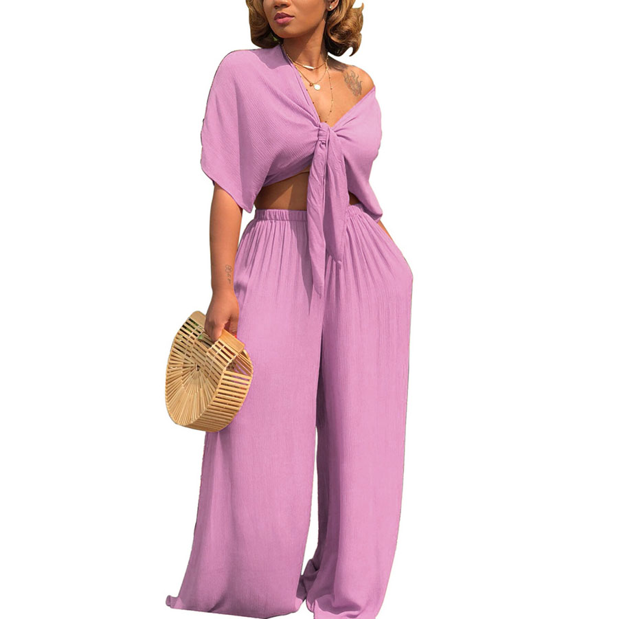 Plus Size Sexy Two Piece Set Women Outfits Bow Tie Tops+Wide Leg Pants Suits Casual Clothes solid color Matching Sets1