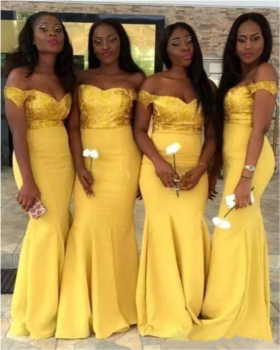 2020 New African Yellow Cheap Mermaid Bridesmaid Dresses Off Shoulder Sequined Satin Wedding Party Gowns Formal Gowns Maid Of Honor Dress