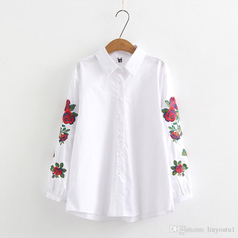 2020 Ih long sleeve rose flower embroidery; White Striped Blouse Women Casual Tops Kimono Office Women Blouses 2019 Spring Plus Size 4XL