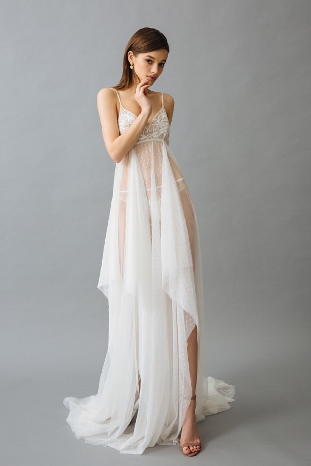 sexy wedding robes spaghetti strap sleeveless dot appliqued lace see through night gown for women ribbon backless court train sleepwear