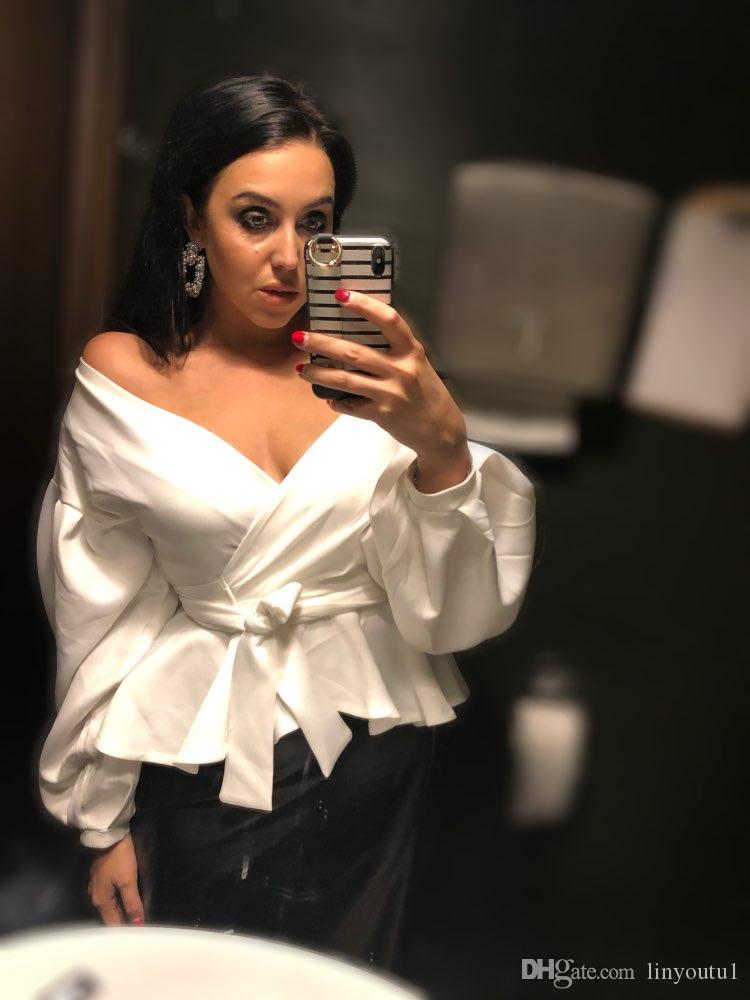 2020 White Office Lady Elegant Lantern Sleeve Off the Shoulder Solid Blouse Autumn Sexy Women Tops And Blouses