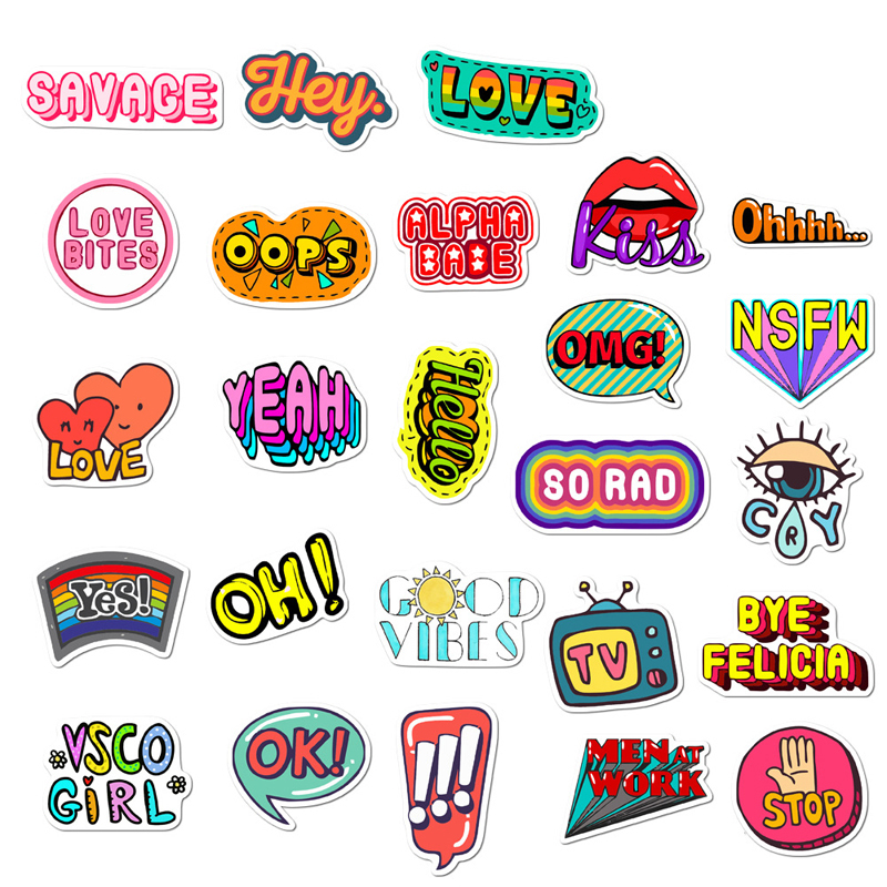 50pcs/Set Cartoon English Phrase Waterproof PVC Stickers to DIY Luggage Guitar Laptop Motorcycle Skateboard Sticker Kids Toys