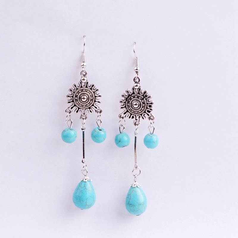 european and american retro pattern cross earrings long paragraph geometric round blue turquoise fashion personality earrings 6 models