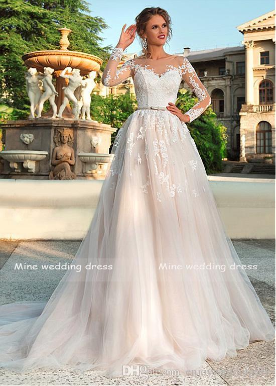 Elegant White A-Line Wedding Dress Illusion Appliques with Bow Belt Long Sleeves Bridal Gowns Back Button and Lace Up Vestido de Noiva