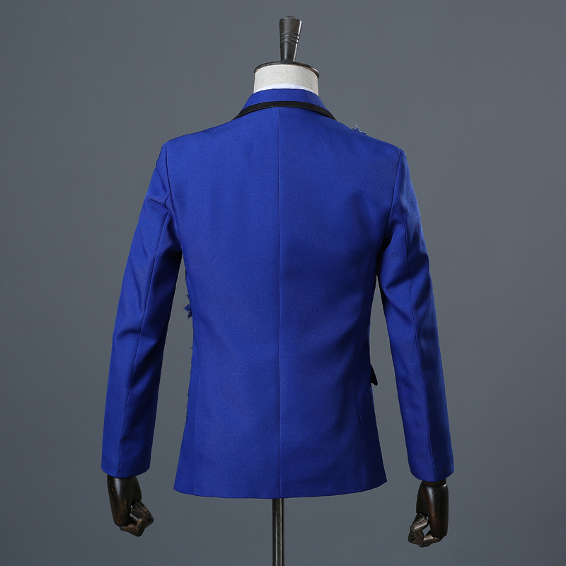 2019 New Designer Blue Men Jackets 2 Pieces Lace Sequins Slim Fit Prom Groom Wear Peak Notch Lapel Wedding Tuxedos