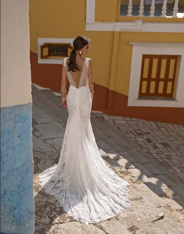 Rokman Lian Mermaid Dresses Sexy V Neck Lace Appliqued Beach Boho Wedding Dress Bridal Gowns Cheap Robe De Marie
