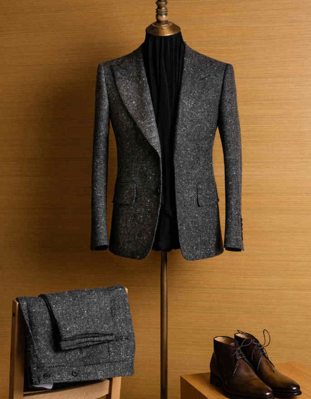 Autumn Winter Wool Mens Suits Vintage Blend Dark Gray Groom Tuxedos Custom Made Mens Slim Fit Suits(Jacket+Pants)