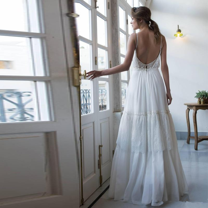 a line beach wedding dresses spaghetti strap lace and chiffon backless boho wedding dress floor length country bridal gowns