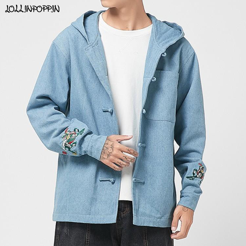 Chinese Style Men Hooded Denim Jacket Closures 2020 Spring Autumn Kylin Embroidery Chest Pocket Mens Denim Coat Light Blue, Black
Chinese Style Men Hooded Denim Jacket Closures 2020 Spring Autumn Kylin Embroidery Chest Pocket Mens Denim Coat Light Blue, Black