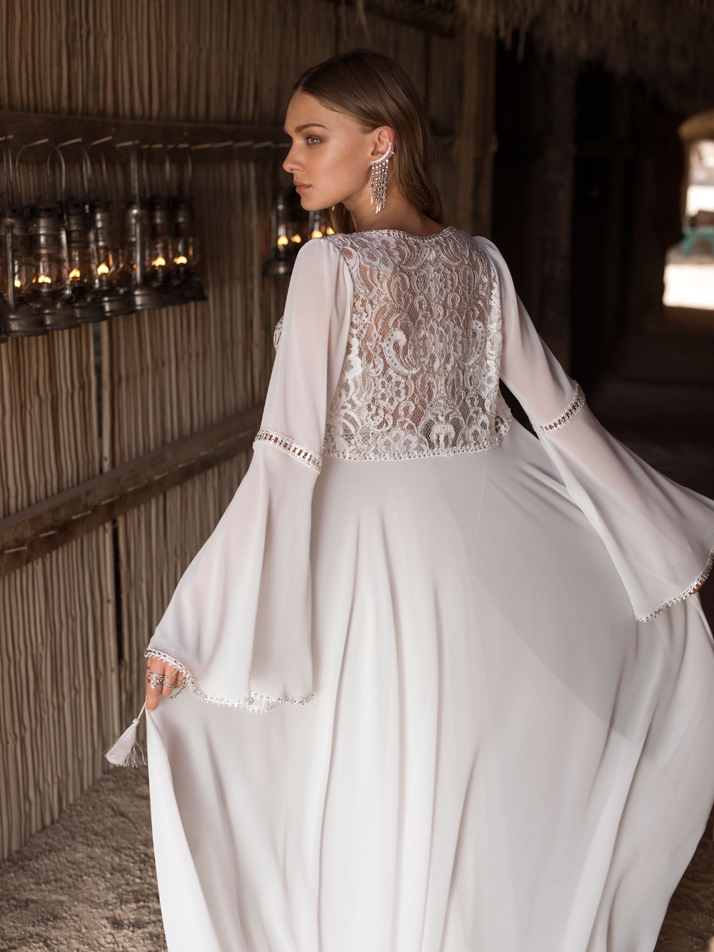 Amazing Lace Each Wedding Dree Deep V Neck Long Sleeve Jacket Ridal Gown Chiffon Or Length Side Split Robe