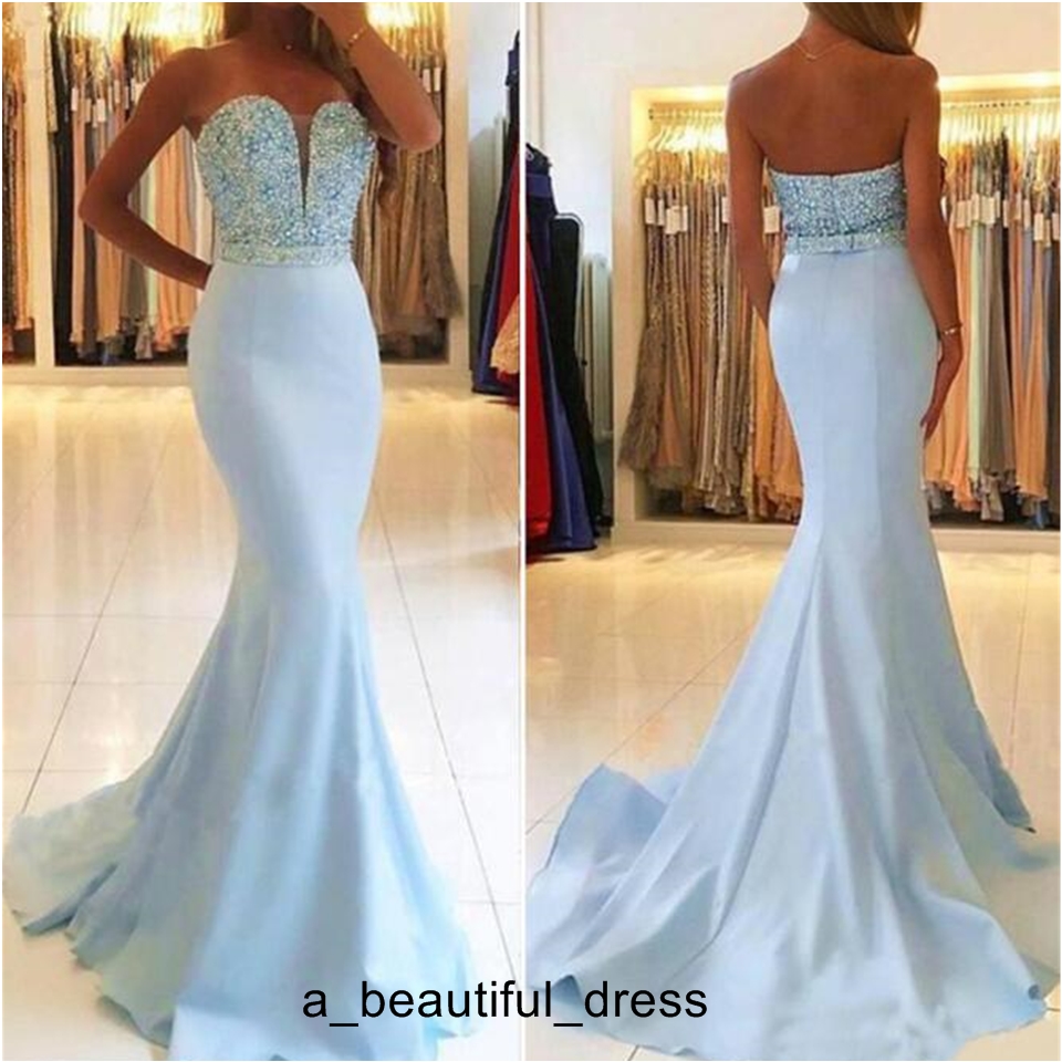 Vintage Satin Sweetheart Backless Beaded Evening Dress sky blue Elegant Pearl Mermaid Full Length Guest Dress Free Shipping ED1125
