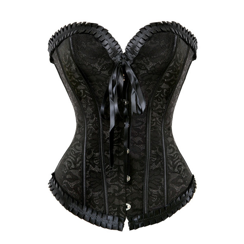 Women Burlesque Corset Skirt Outfit Plus Size S-6XL Jacquard Lace Mesh Overlay Ruffle Trim Overbust Corset with Black Flocked Hi-lo Skirt