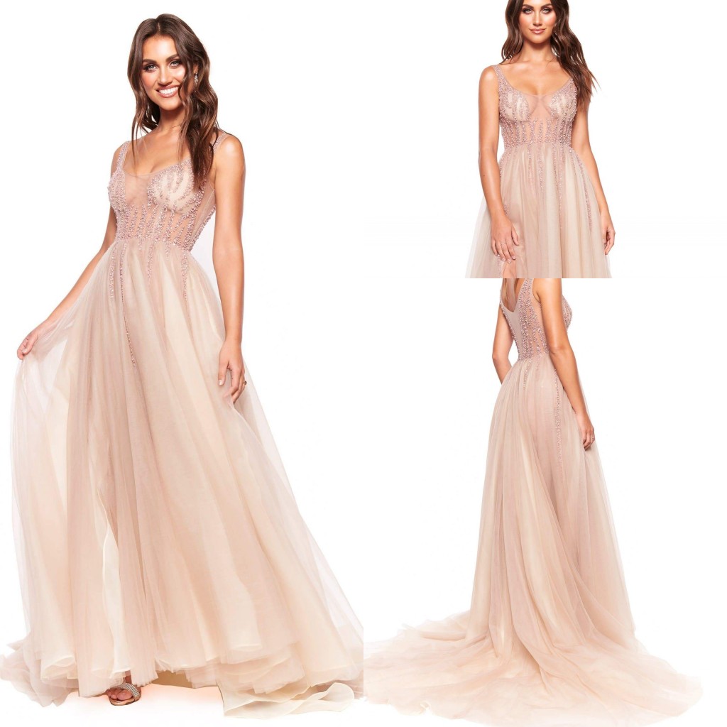 2020 Sexy Evening Dresses Scoop Neck Beaded Sequins Sleeveless Prom Gown Backless Ruffle High Split Sweep Train Formal Party Gown, Beige
2020 Sexy Evening Dresses Scoop Neck Beaded Sequins Sleeveless Prom Gown Backless Ruffle High Split Sweep Train Formal Party Gown, Beige