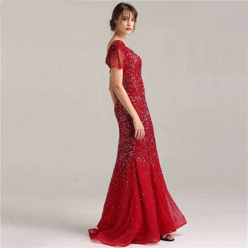 Red Tulle Mermaid Prom Dresses Beads Formal Evening Gowns V Neck Floor Length Sequins Cap Sleeves Party Dress