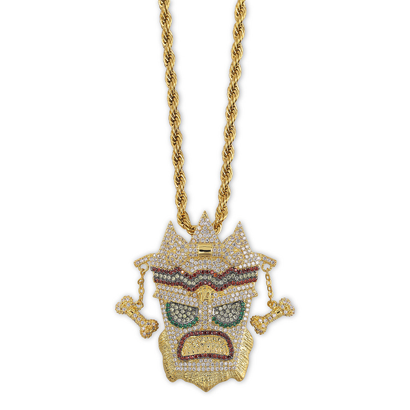 New fashion 18K Gold Multicolor Cubic Zirconia Indian style personalized Uka Mask Hip Hop Necklace Indian Man Wizard Shaped Jewelry for Men
