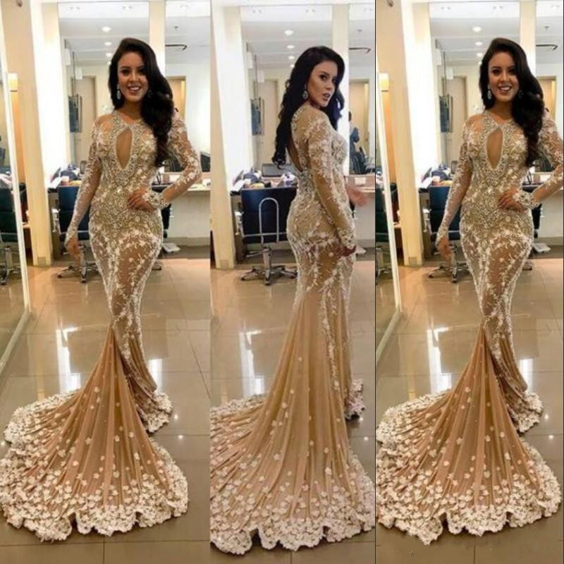 Sexy Mermaid Lace Prom Dresses Beads Long Sleeves Evening Dress Keyhole Neck Fashion Gold Formal Gowns Vestido De Festa