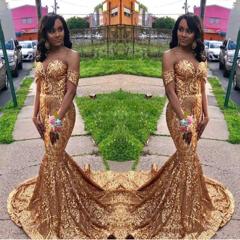 Off The Shoulder Gold Long African Prom Dresses 2019 New Lace Mermaid Sequined Evening Gowns Beaded Plus Size Sexy Formal Dress
